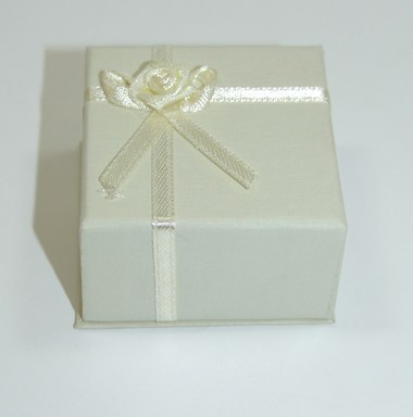 Ivory Satin Ribbon Ring or Earring Giftbox with Ribbon and Rosebud Detail. Size 5cm x 5cm x 3cm.