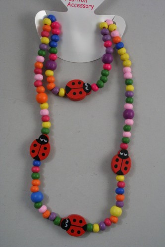 Bright Coloured Wooden Bead and Ladybird Beaded Necklace and Bracelet Set. 