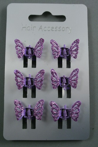 Brightly Coloured Glitter Butterfly Mini Clamps. Card of 6 . In 4 Colours. Pink, Purple, Turquoise and Green.