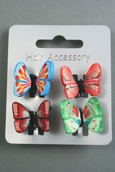 Assorted Bright Coloured Fimo Butterfly Mini Clamps. Card of 4.