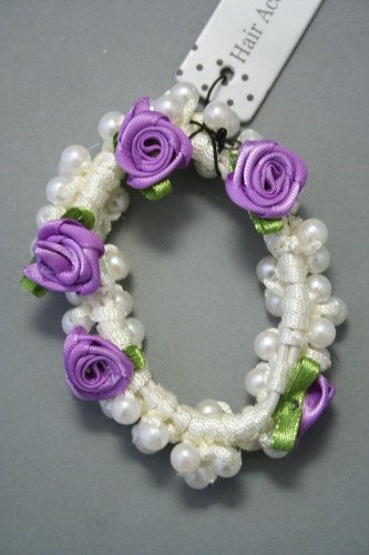 Pearl Bead and Cream Twisted Ribbon Scrunchie with Rosebuds. In an Assortment of 3 Pink, 2 Cream and 1 Lilac Per Pack.
