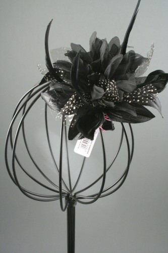 Black Flower and Feather Fascinator on a Clear Comb.