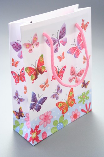 Butterfly Print Giftbag with Pink Corded Handle. Glossy Finish. Size Approx 20cm x 15cm x 6cm.
