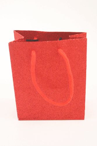 Red Glitter Paper Gift Bag with Cord Handles.  Size Approx 15cm x 12cm x 6cm.
