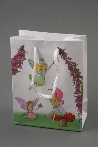 Fairy Print Gift Bag with Pink Corded Handle. Approx Size 15cm x 11.5cm x 6cm.