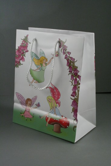 Fairy Print Gift Bag with Pink Corded Handle. Approx Size 23cm x 18cm x 10cm.