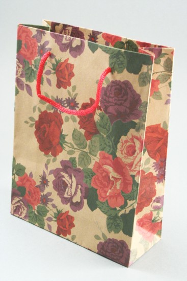 Natural Brown Paper Giftbag with Floral Print and Corded Handle. Size Approx 20cm x 15cm x 6cm.