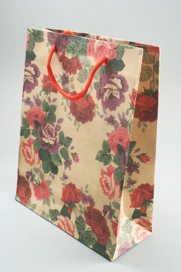 Natural Brown Paper Giftbag with Floral Print and Corded Handle. Size Approx 24.5cm x 18cm x 8cm.