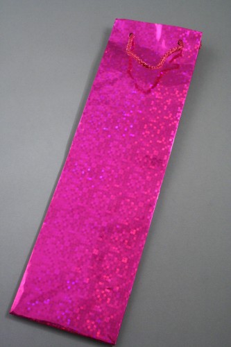 Pink Holographic Foil Bottle Gift Bag with White Corded Handles. Approx Size 34cm x 10cm x 9cm