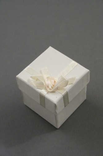 Ivory Satin Ribbon Ring or Earring Giftbox with Ribbon and Rosebud Detail. Size 5cm x 5cm x 5cm.