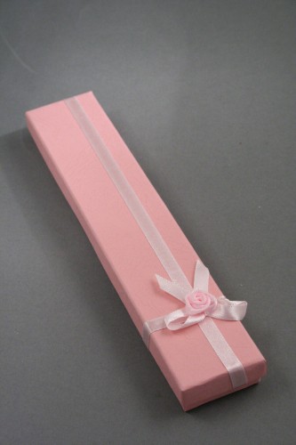 Gift Box with Satin Ribbon and Rosebud Design. In Pink and Lilac. Size 21cm x 4cm x 2cm