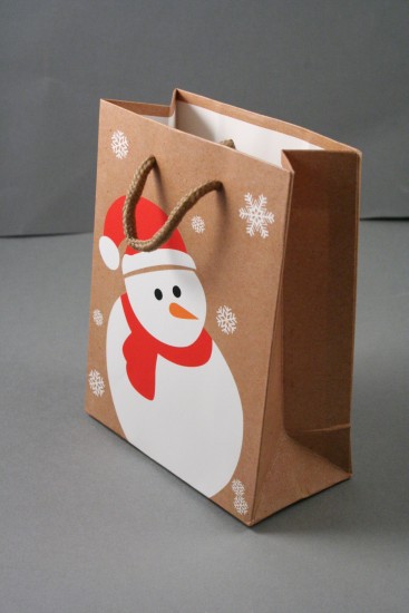 Natural Brown Paper Gift Bag with Snowman and Snowflake Print, Cord Handle. Size Approx 15cm x 12cm x 6cm.