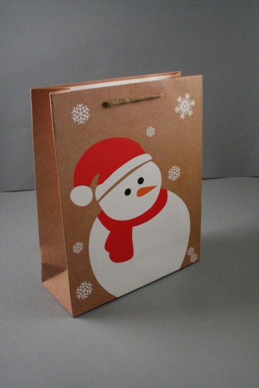 Natural Brown Paper Gift Bag with Snowman and Snowflake Print, Cord Handle. Size Approx 22cm x 18cm x 7cm.