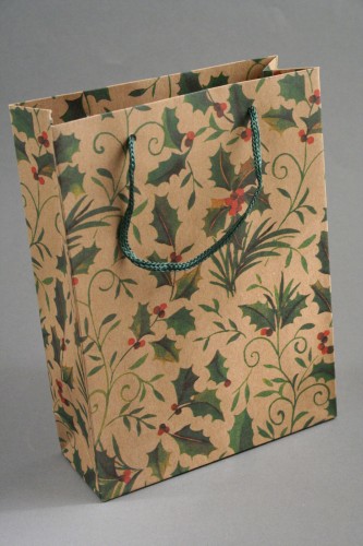 Natural Brown Gift Bag with Holly Decoration and Cord Handle. Size Approx 33cm x 24cm x 8cm.