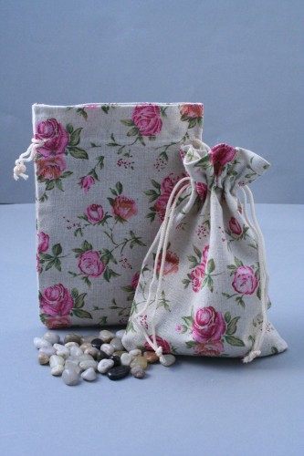 Natural Linen Fabric Floral Rose Print Drawstring Gift Bag. Approx 18cm x 13cm