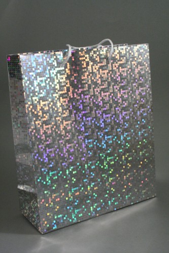 Silver Holographic Foil Gift Bag with White Corded Handles. Approx Size 21.5cm x 18cm x 7.5cm