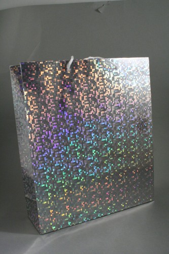 Silver Holographic Foil Gift Bag with White Corded Handles. Approx Size 27cm x 23cm x 8cm