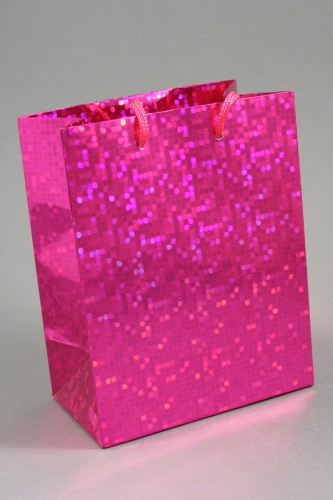 Pink Holographic Foil Gift Bag with Pink Corded Handles. Approx Size 14.5cm x 11.5cm x 6.5cm