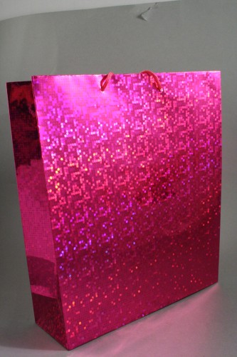 Pink Holographic Foil Gift Bag with Pink Corded Handles. Approx Size 27cm x 23cm x 8cm