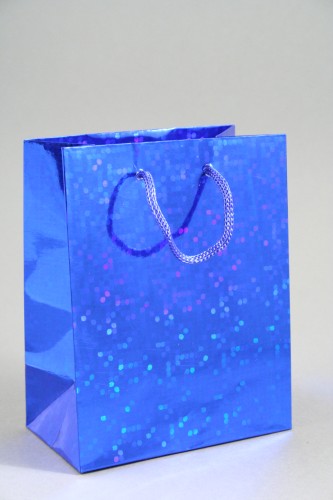 Blue Holographic Foil Gift Bag with Blue Corded Handles. Approx Size 21.5cm x 18cm x 7.5cm