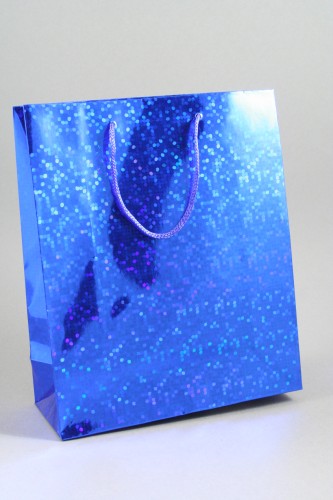 Blue Holographic Foil Gift Bag with Blue Corded Handles. Approx Size 27cm x 23cm x 8cm