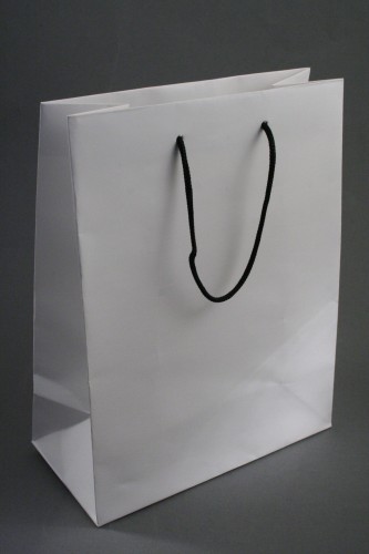 Matt Finish White Gift Bag with Black Corded Handle. Approx Size 23cm x 18cm x 9cm
