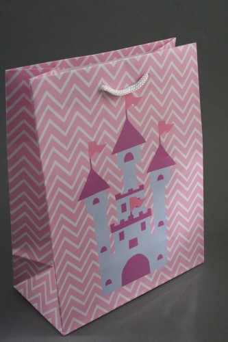 Pink Gift Bag wth Princess Castle Design and White Cord Handles. Size Approx 22.5cm x 18cm x 9cm