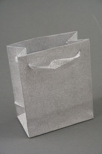 Silver Glitter Gift Bag with Ribbon Handles. Size Approx 11cm x 9cm x 5cm.
