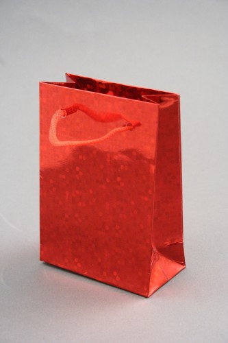 Red Holographic Foil Gift Bag with Red Corded Handles. Approx Size 10cm x 8cm x 4.5cm