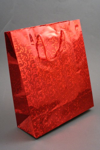 Red Holographic Foil Gift Bag with Red Corded Handles. Approx Size 21.5cm x 18cm x 7.5cm