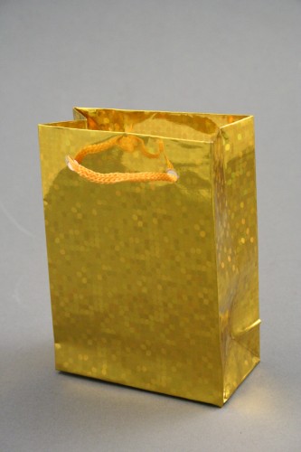 Gold Holographic Foil Gift Bag with Gold Corded Handles. Approx Size 10cm x 8cm x 4.5cm
