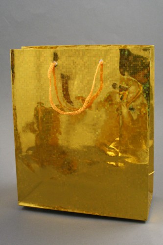Gold Holographic Foil Gift Bag with Gold Corded Handles. Approx Size 21.5cm x 18cm x 7.5cm
