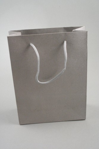 Silver Printed Kraft Paper Gift Bag with Black Cord Handles. Approx Size 20cm x 15cm x 6cm