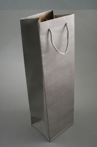 Silver Printed Kraft Paper Gift Bottle Bag with Black Cord Handles. Approx Size 33cm x 10cm x 9cm