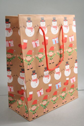 Christmas Linear Character Design Gift Bag with Red Cord Handles. Approx Size 23cm x 18cm x 9cm