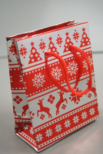 Red and Silver Christmas Print Holographic Gift Bag with Red Cord Handles. Approx Size 10cm x 8cm x 4.5cm