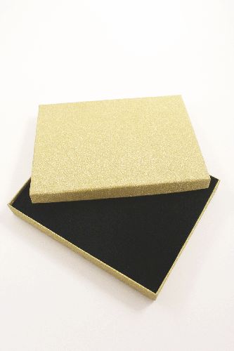 Gold Glitter Gift Box. Size Approx 18cm x 14cm x 2.5cm. This box has a black flocked foam pad insert with top corner slits and holes for earrings