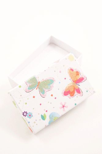 White Paper Gift Box with Butterfly Print Lid. Size Approx 8cm x 5cm x 2.5cm. This box has a white flocked foam pad insert with two corner slits for a chain and two 2cm centre slits