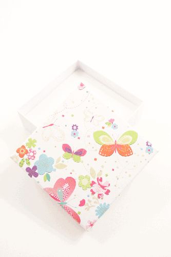 White Paper Gift Box with Butterfly Print Lid. Size Approx 9cm x 9cm x 3cm. This box has a white flocked foam pad insert with two corner slits for a chain and a centre 40mm slit