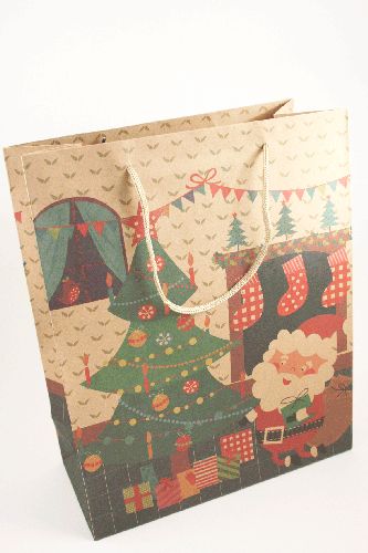 Natural Kraft Paper Gift Bag with Christmas Tree and Santa Scene. Natural Cord Handles. Size Approx 32cm x 26cm x 12cm.