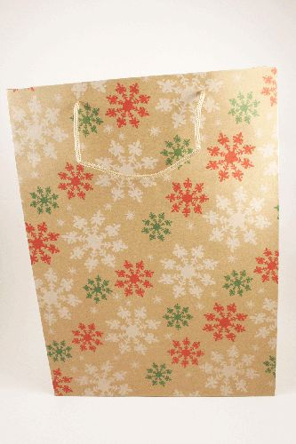 Natural Kraft Paper Gift Bag with Snowflakes. Natural Cord Handles. Size Approx 42cm x 31cm x 15cm.