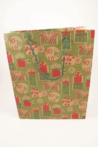 Green Kraft Paper Gift Bag with Christmas Present Print and Green Cord Handles. Size Approx 32cm x 26cm x 12cm.
