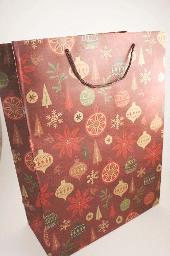 Red Kraft Paper Gift Bag with Christmas Baubles Print with Red Cord Handles. Size Approx 42cm x 31cm x 15cm