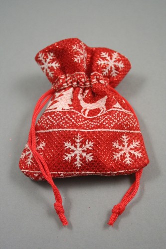 Red and White Christmas Print Fabric Drawstring Gift Bag. Size Approx 10cm x 8cm.