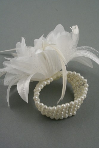 Cream Feather and Flower Corsage on a 4 Row Pearl Bead Wristband