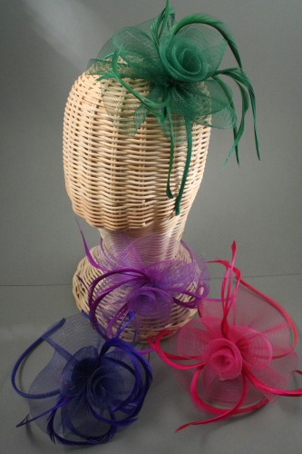 Looped Net and Feather with Centre Detail Fascinator on a Narrow Black Aliceband. In 4 Colours. Green, Blue, Purple and Pink 
