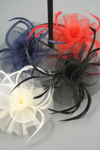 Looped Net with Centre Swirl Fascinator on a Clip and Brooch Pin. In 4 Colours. Black, Red, Navy and Cream 