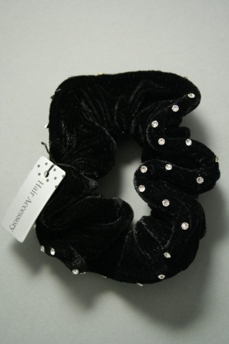 Black Velvet Scrunchie with Diamante Crystals Around Edge.