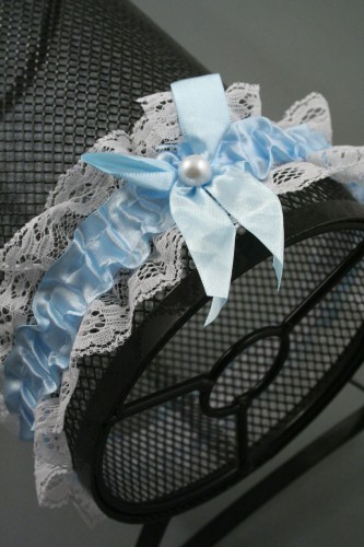 Blue Ribbon and Lace Garter with Centre Pearl Bead and Ribbon Bow
