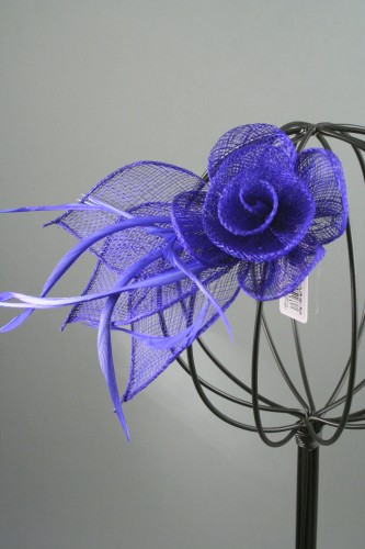 Royal Blue Mesh Net Flower Fascinator with Feathers on a Beak Clip and Brooch 